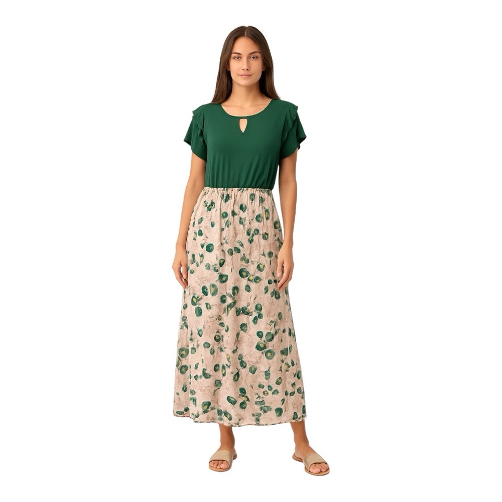 White and Green Floral A-Line Skirt maxi dress with Elastic waist band 2XL